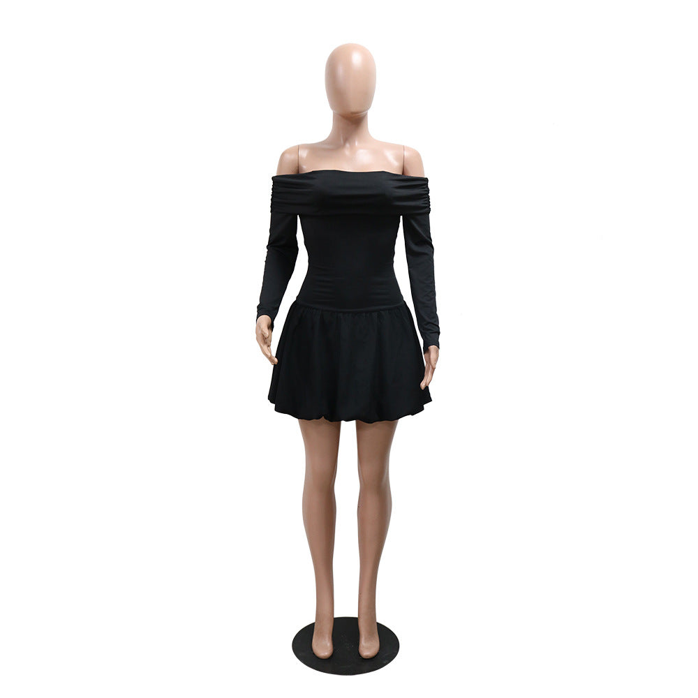 Fashion Off Shoulder Long Sleeve Solid Color Short Dress For Women 7