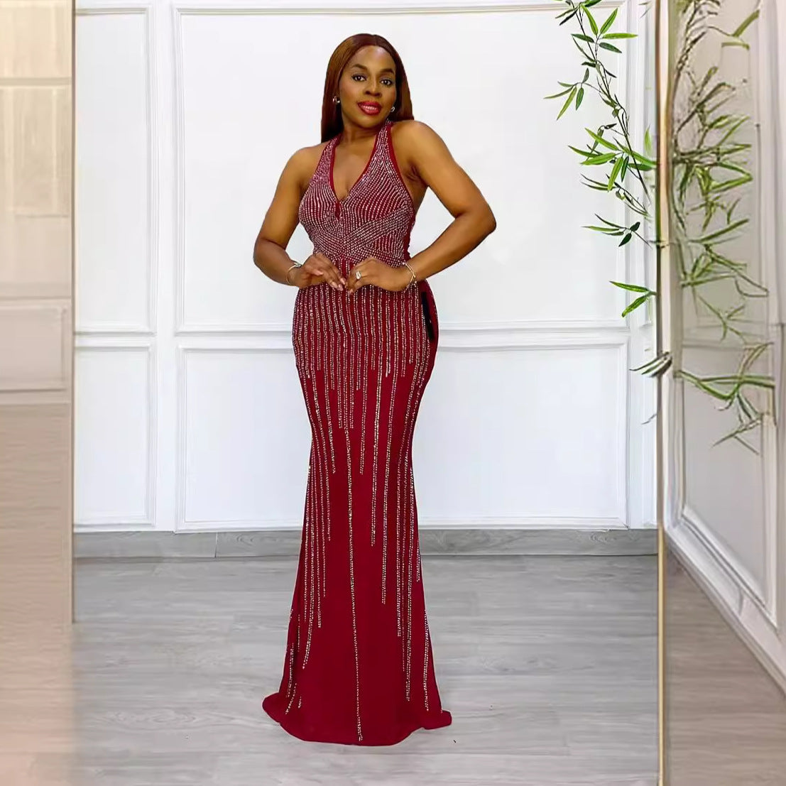 Sexy Beaded V-Neck Sleeveless Slim Elastic Long Dress 6