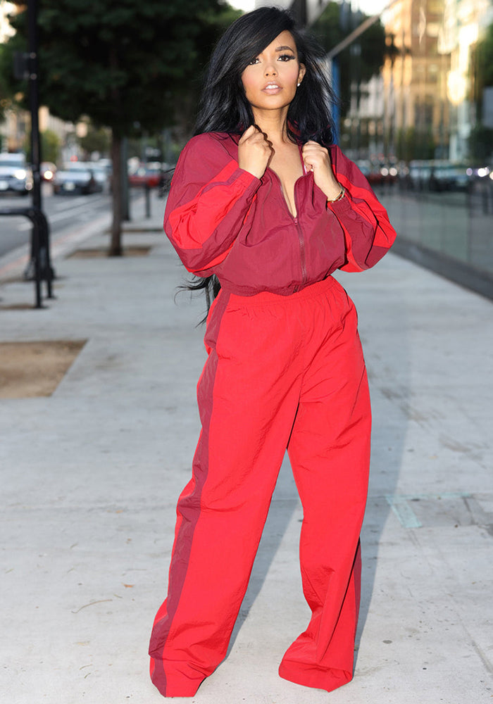 Women Casual Long Sleeve Zipper Turndown Collar Patchwork Pocket Top and Pants Two-Piece Set