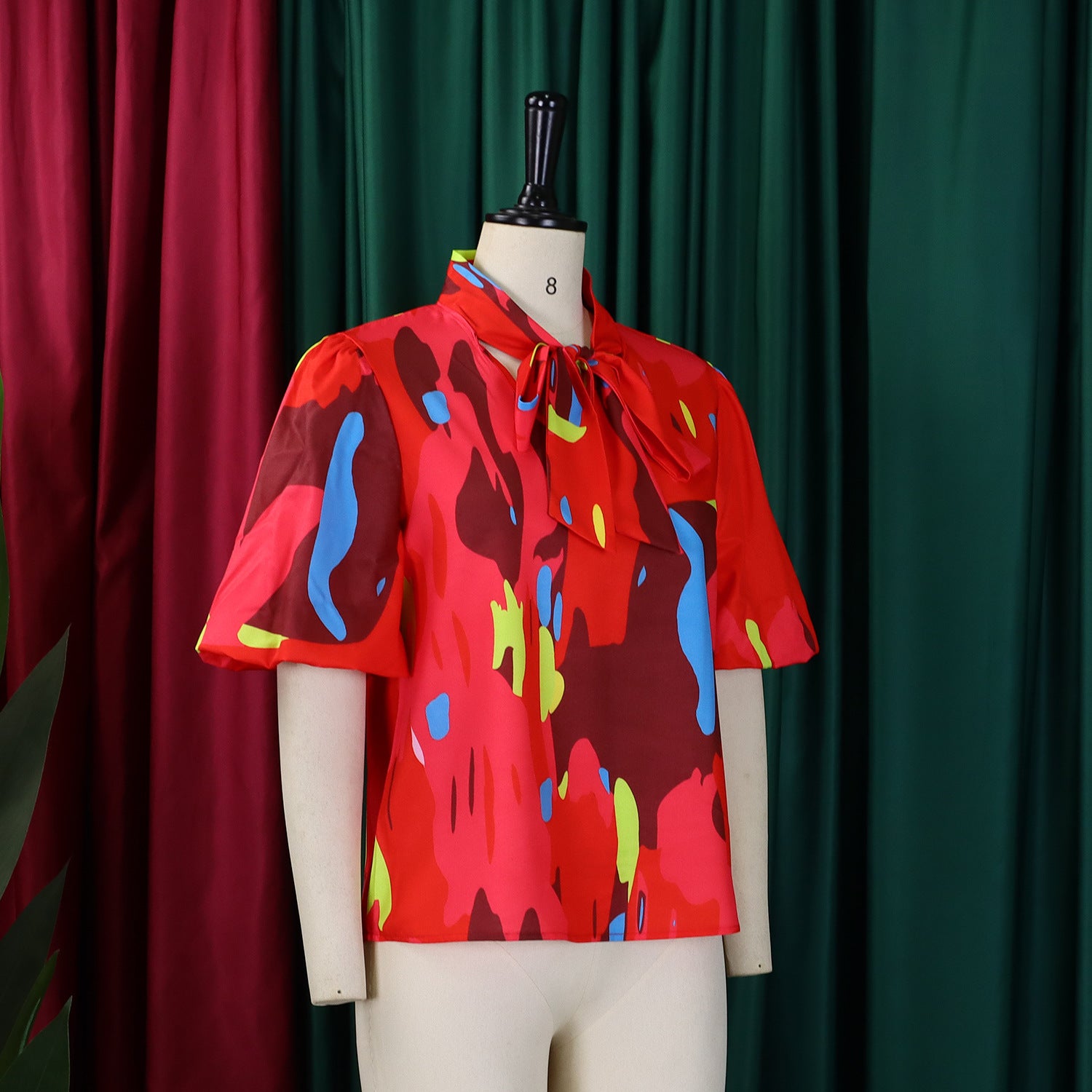 Women Printed Lace-Up Bubble Short Sleeve Shirt Top 6