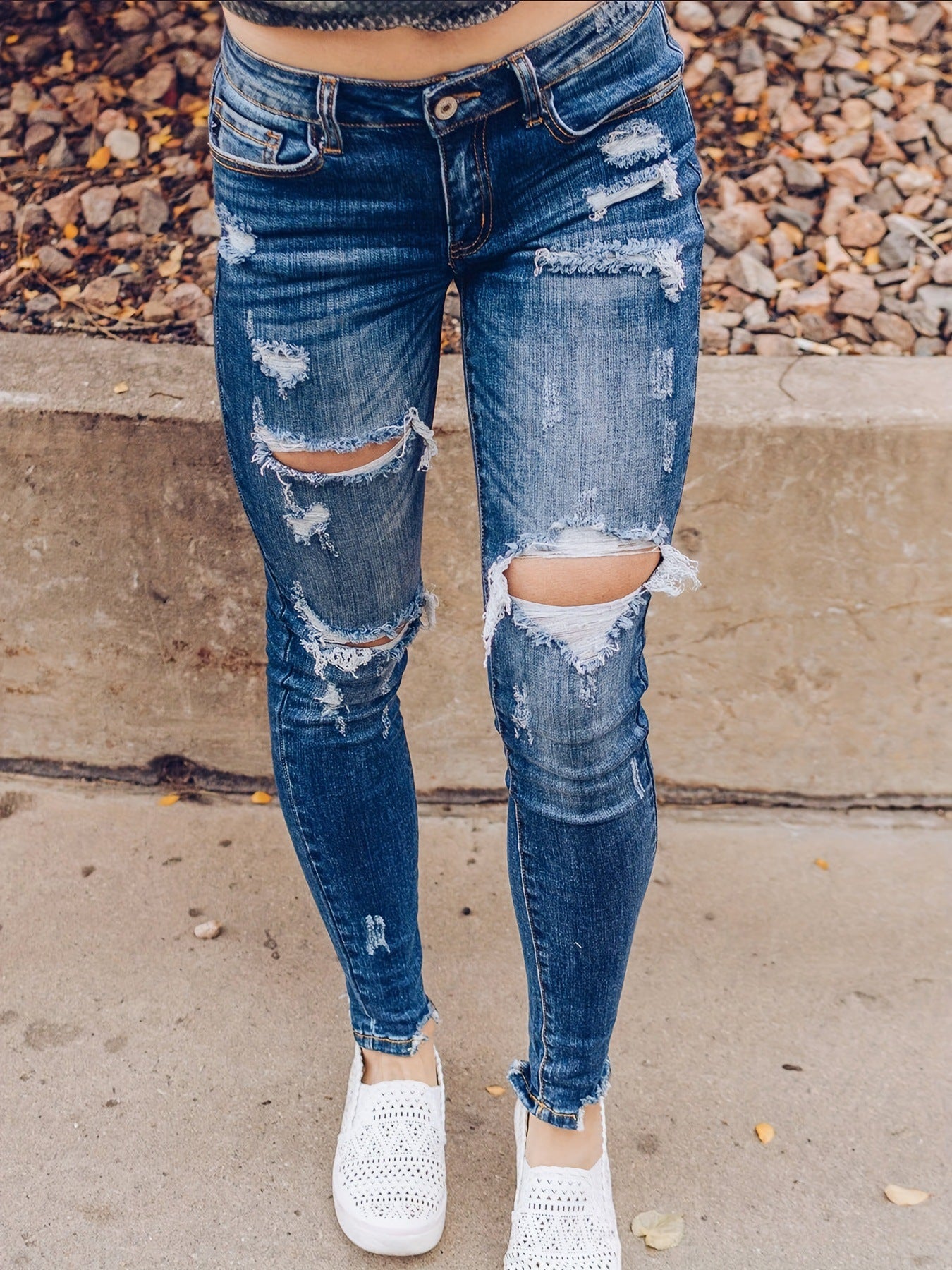 Women Ripped Washed Denim Tight Pants