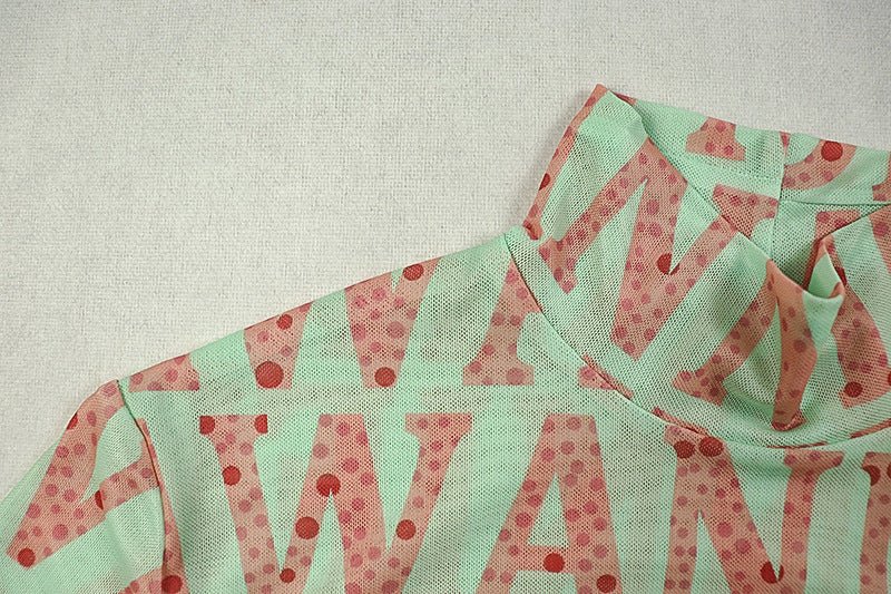 Printed Chic Women's Slim Waist High-Neck Long-Sleeve Sheer Patchwork Long Dress 8