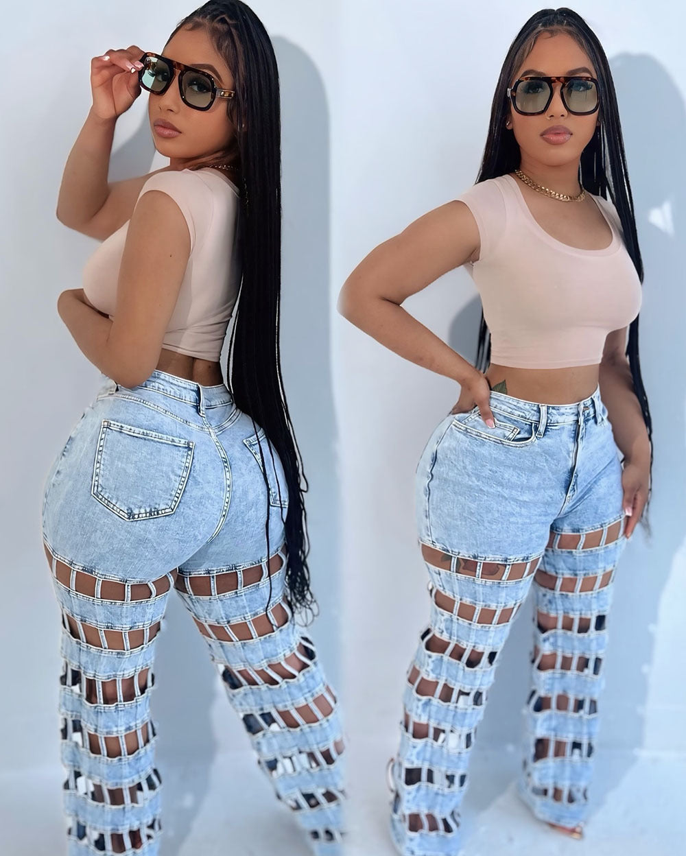 Women trendy hollow ripped checkered denim pants