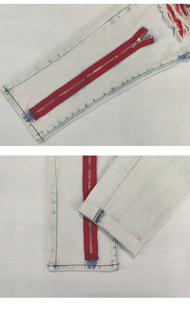 Men's Trendy Patch Webbing Ripped Zipper Denim Pants 13