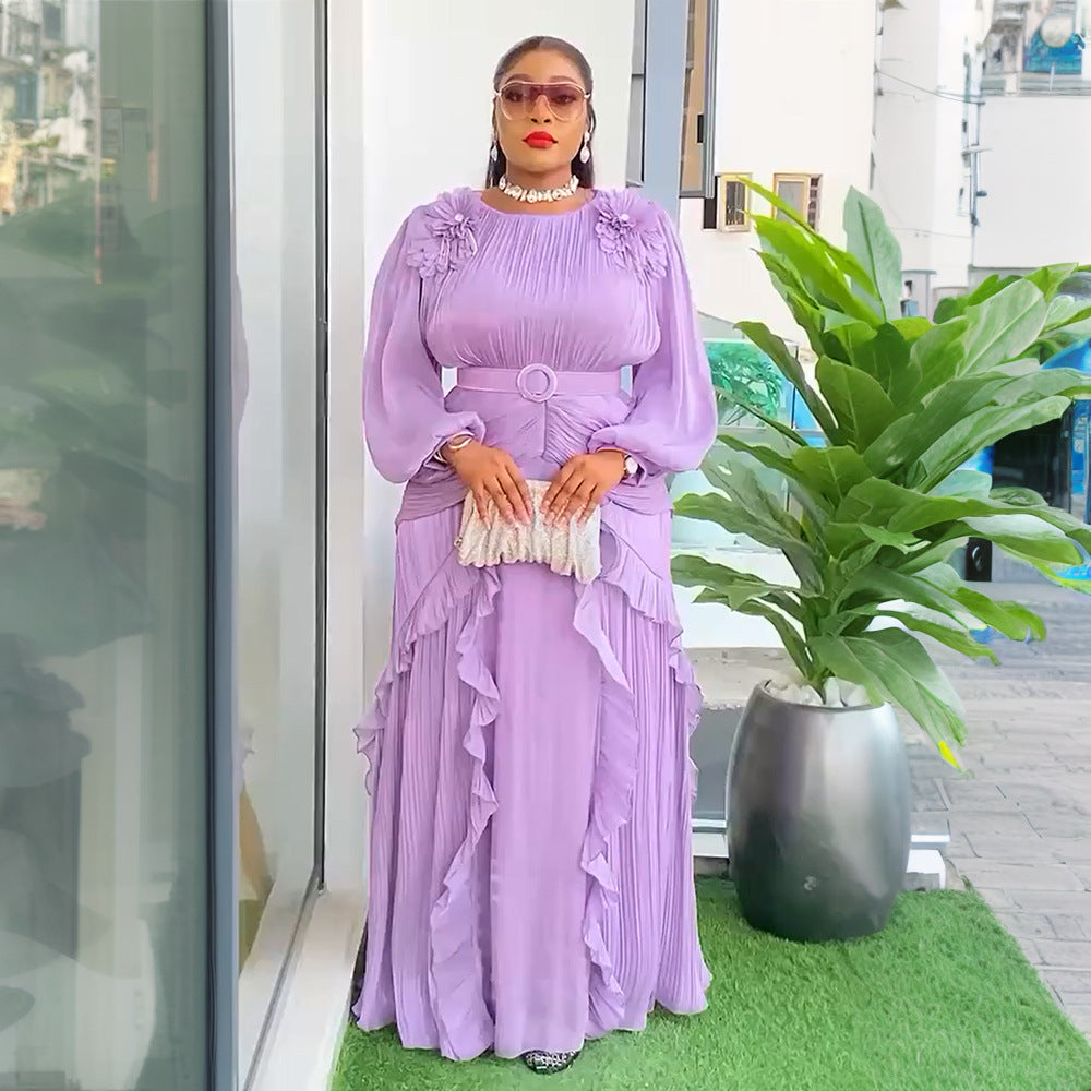 Plus Size African Women Floral Pleated Long-Sleeve Dress