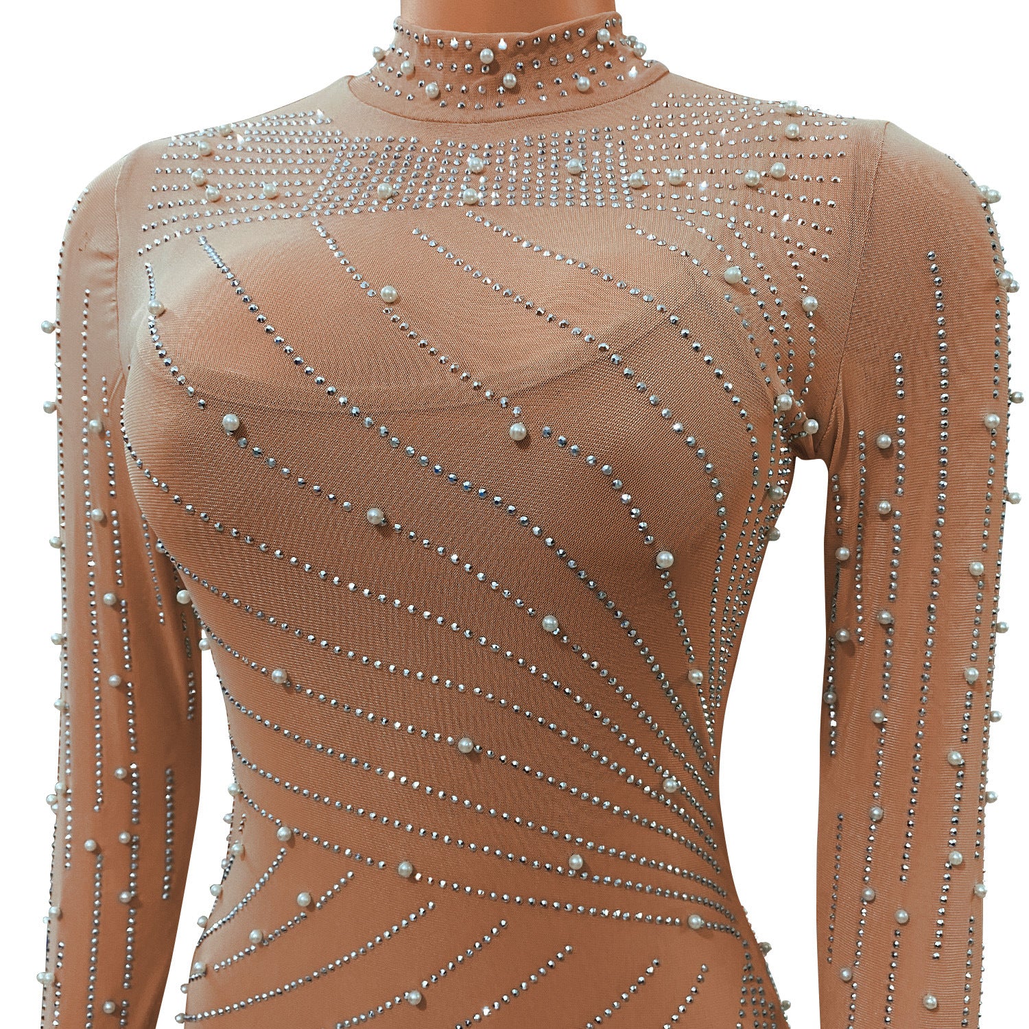 Spring Women's Sexy Mesh Beaded Nightclub Party Long Dress 14