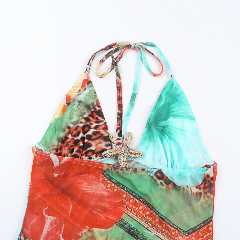 Women Summer Sexy Backless Suspender Print Beach Holidays Dress 17