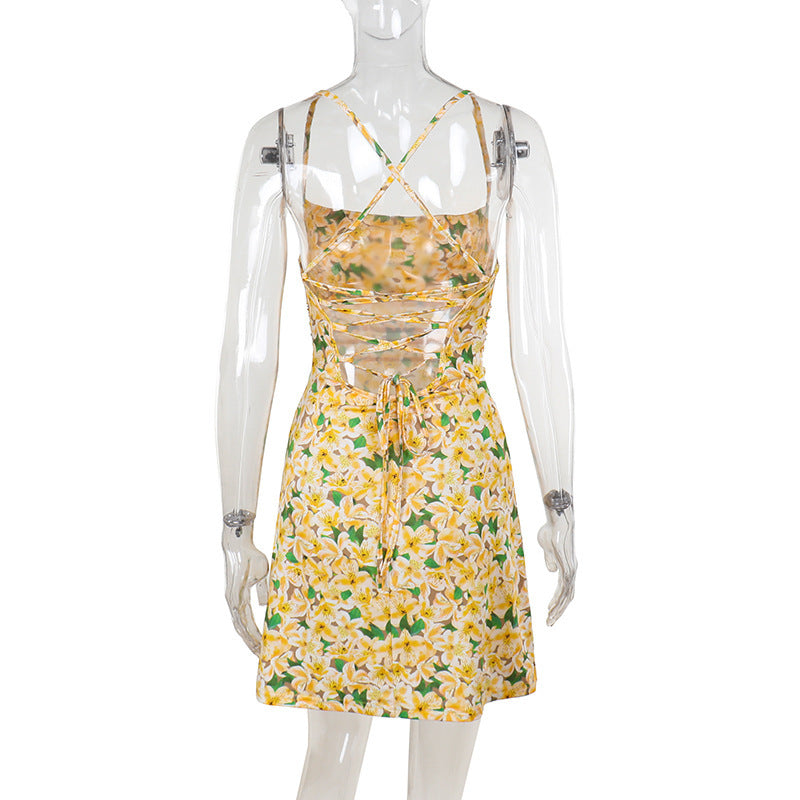 Women Summer French Floral Printed Strapless Backless Dress 6