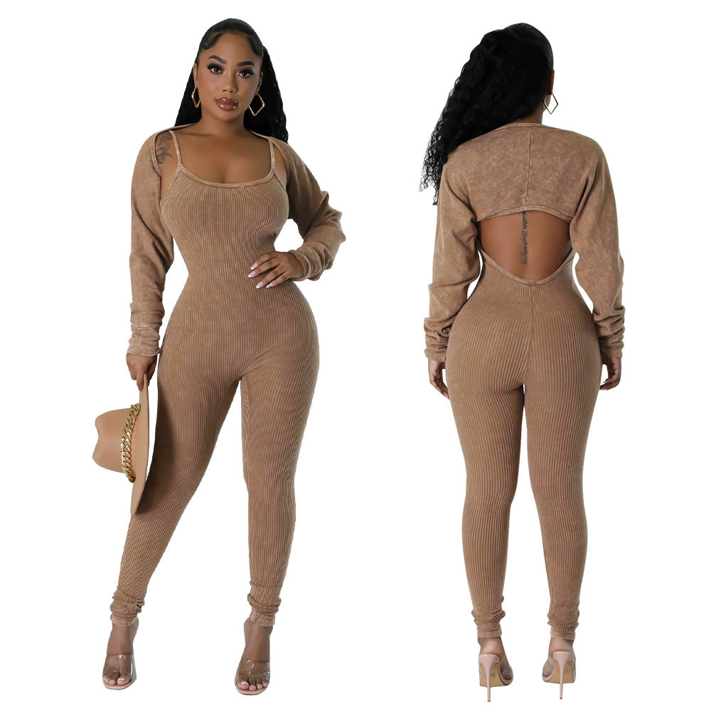 Women's Straps U Neck Sexy Tight Fitting Jumpsuit Long Sleeve Coat Two Piece Set 7