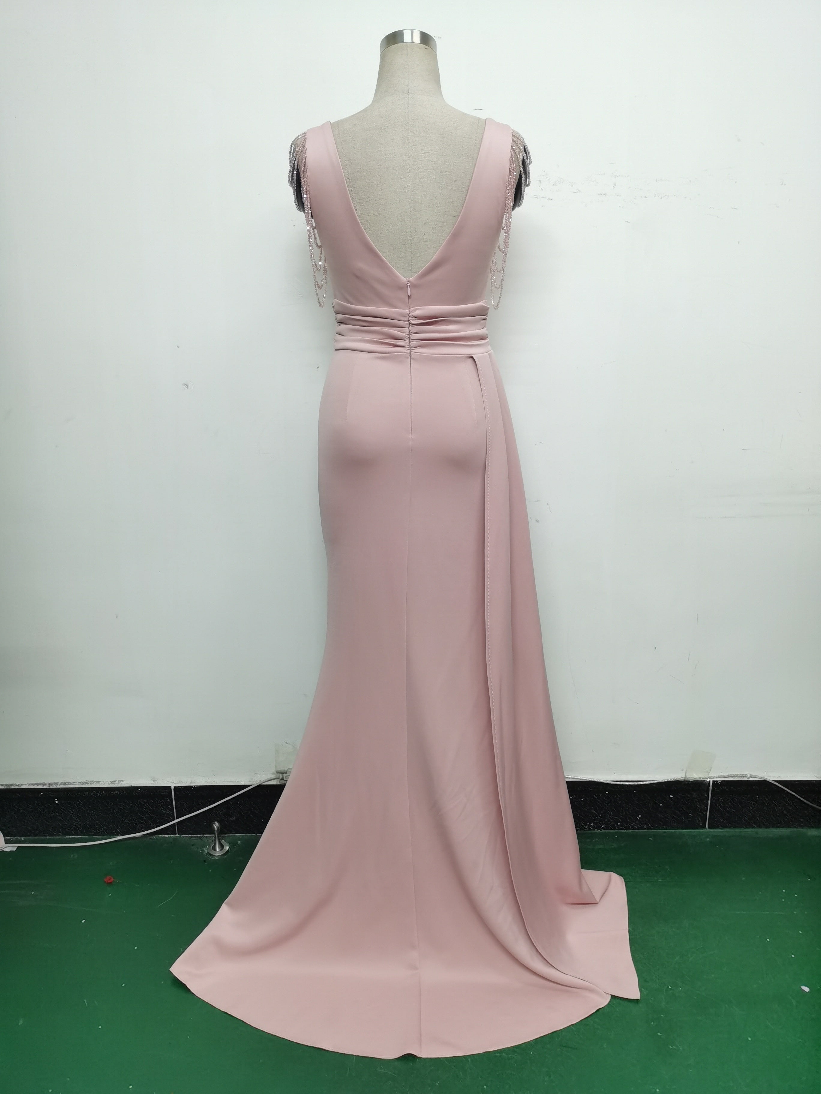 Women Satin Pleated Beaded Evening Dress 22