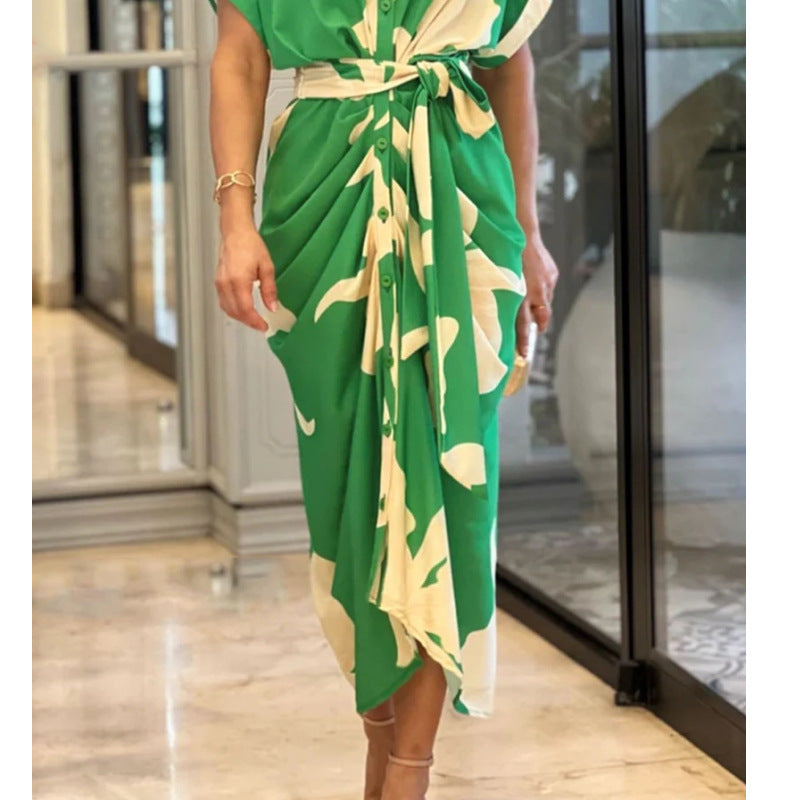 Women Printed Turndown Collar Short Sleeve Shirt Dress 4