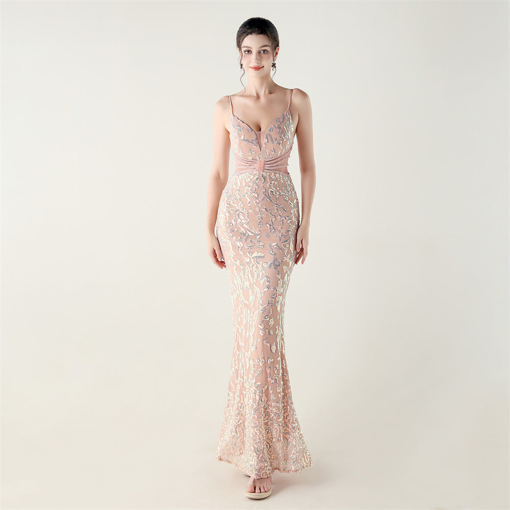 Women clothing V Neck sequins beaded hollow mesh off-shoulder Formal Party evening dress 14