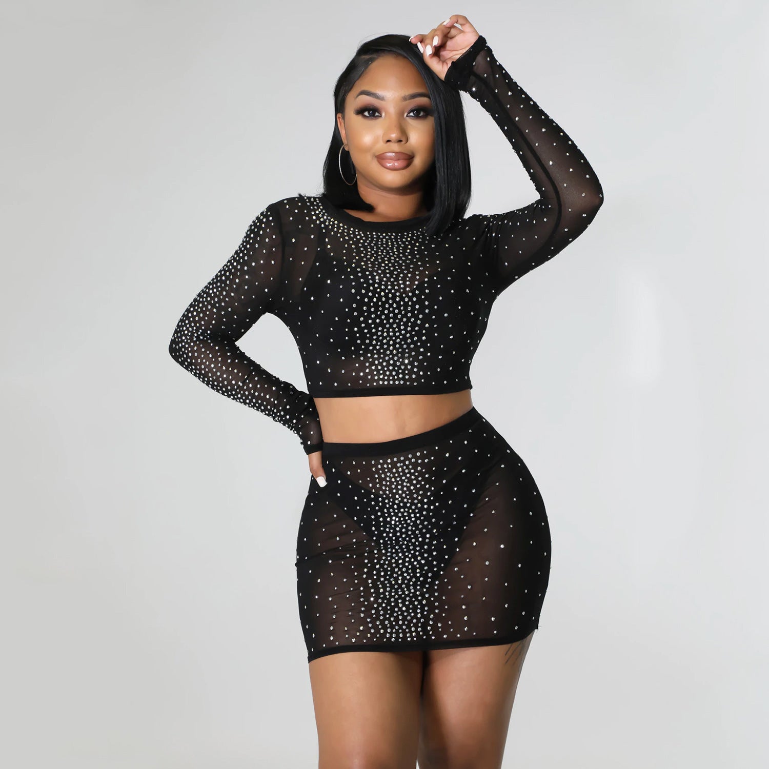 Summer Women Sexy Mesh Beaded See-Through Long Sleeve Top and Mini Skirt Two-Piece Set 5
