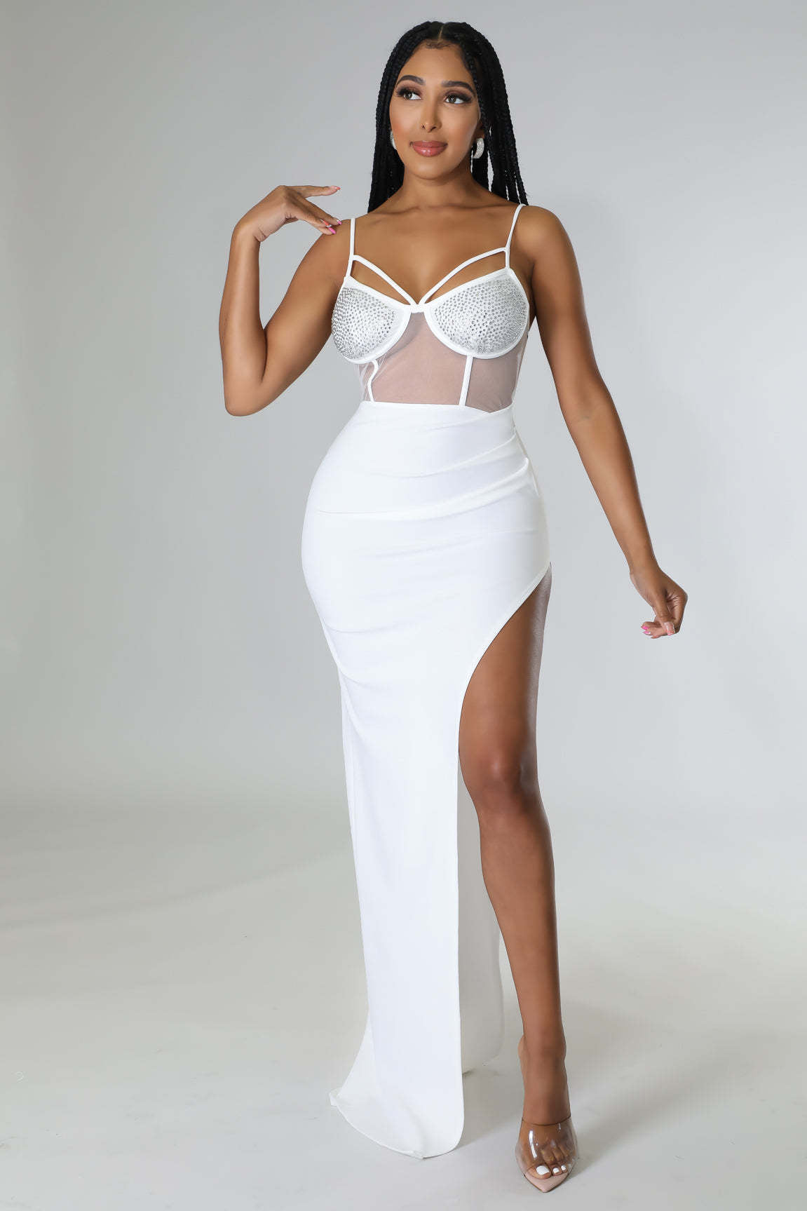 Women Summer Patchwork Mesh Beaded Slit Long Dress 7