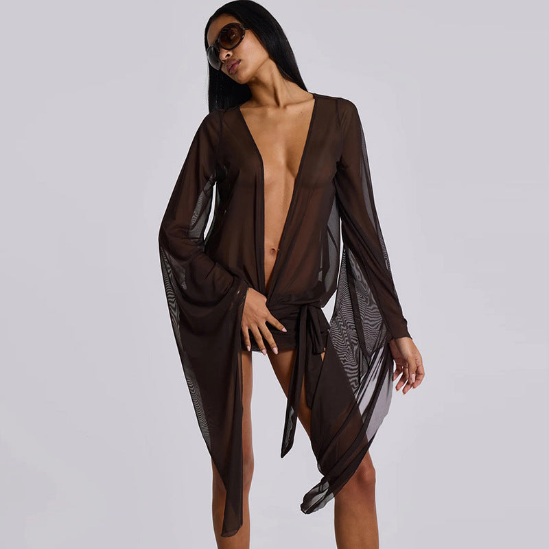 Spring Sexy Deep V See-Through Low Back Lace-Up Solid Mini Dress 4