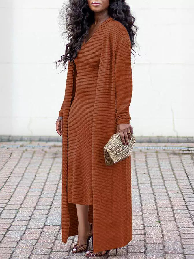 Women's Solid Color Ribbed Coat Slim V-Neck Dress Two-Piece Set 5