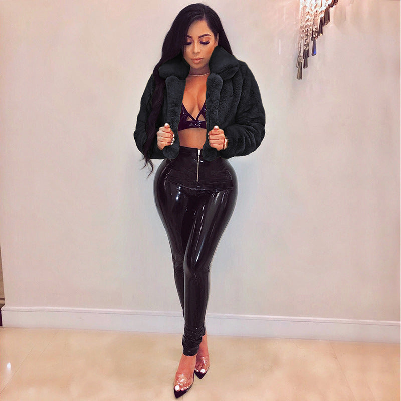 Women Sexy Solid Candy Color Faux furryCrop Jacket 4