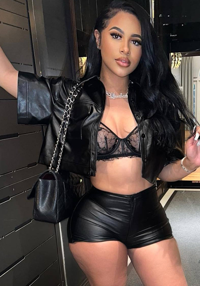 Women'S Summer Pu Leather Patchwork Button Tight Fitting Shirt Shorts Two-Piece Set