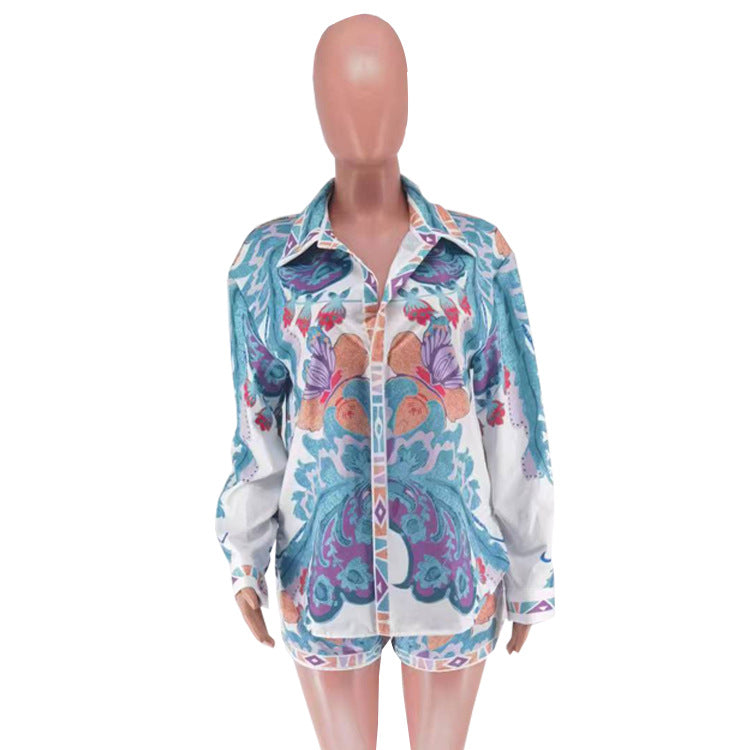 Women's Printed Long Sleeve Casual Two Piece Shorts Set 13