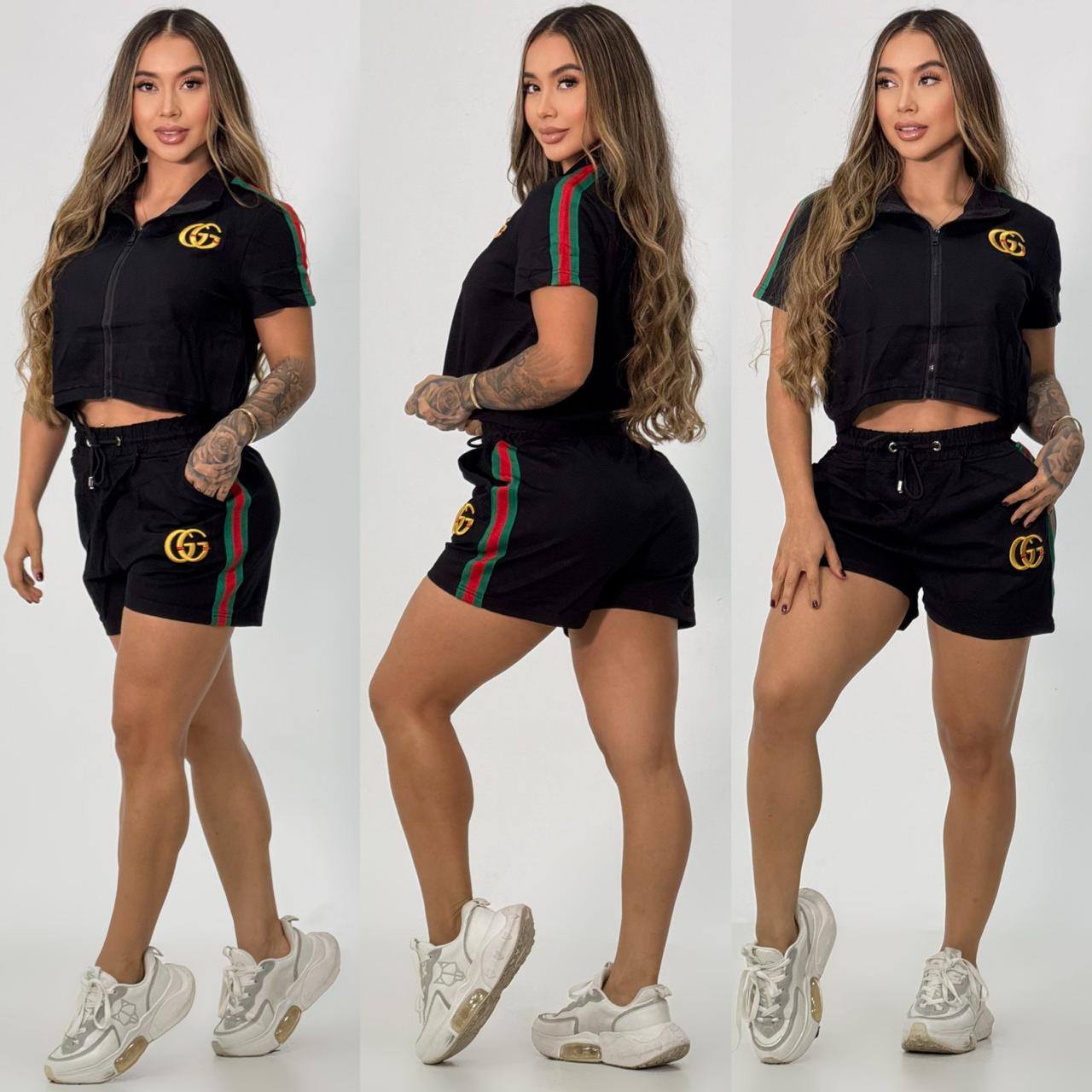 Women summer Casual Pocket embroidered sports short-sleeved Top and shorts two-piece set