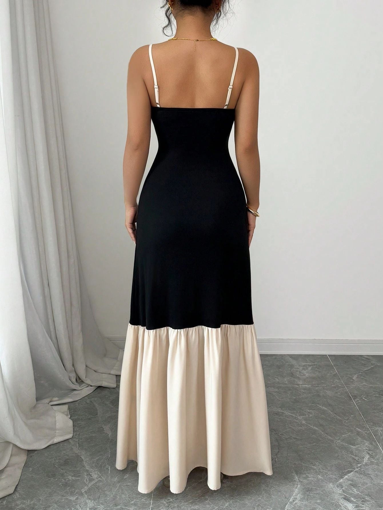 Women Suspender Contrast Patchwork Pleated Dress 4