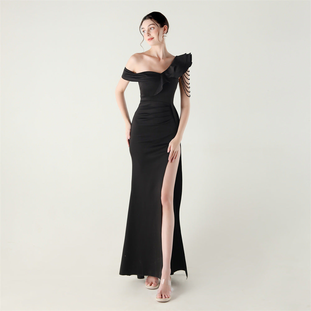 Women pleated one-shoulder beaded ruffle fishtail formal party evening dress 9