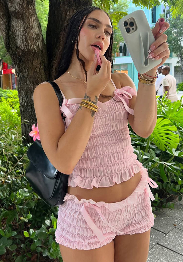 Women Bow Pleated Camisole Shorts Two-Piece Set