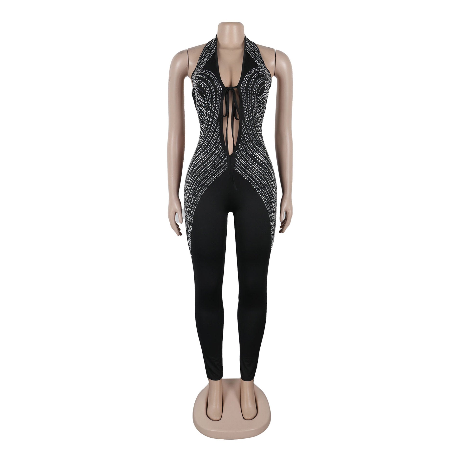 Women Halter Neck Stretchy Backless V-neck Jumpsuit 10