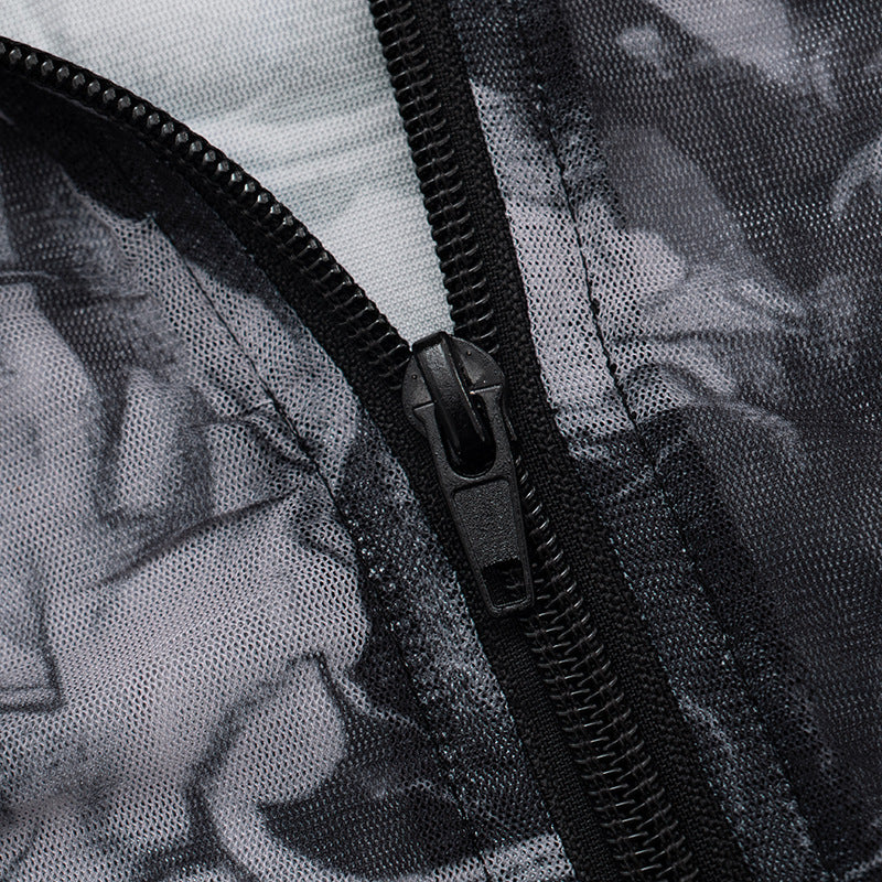 Women's Summer Autumn Zipper Round Neck See-Through Print Long Sleeve Two Piece Shorts Set 25