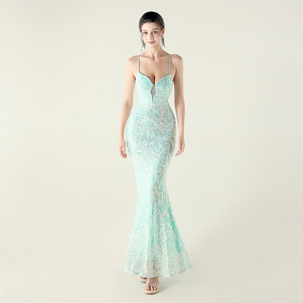 Embroidery Sequin Slim Waist Lace-Up Deep V Neck Strap Formal Party Evening Dress 24