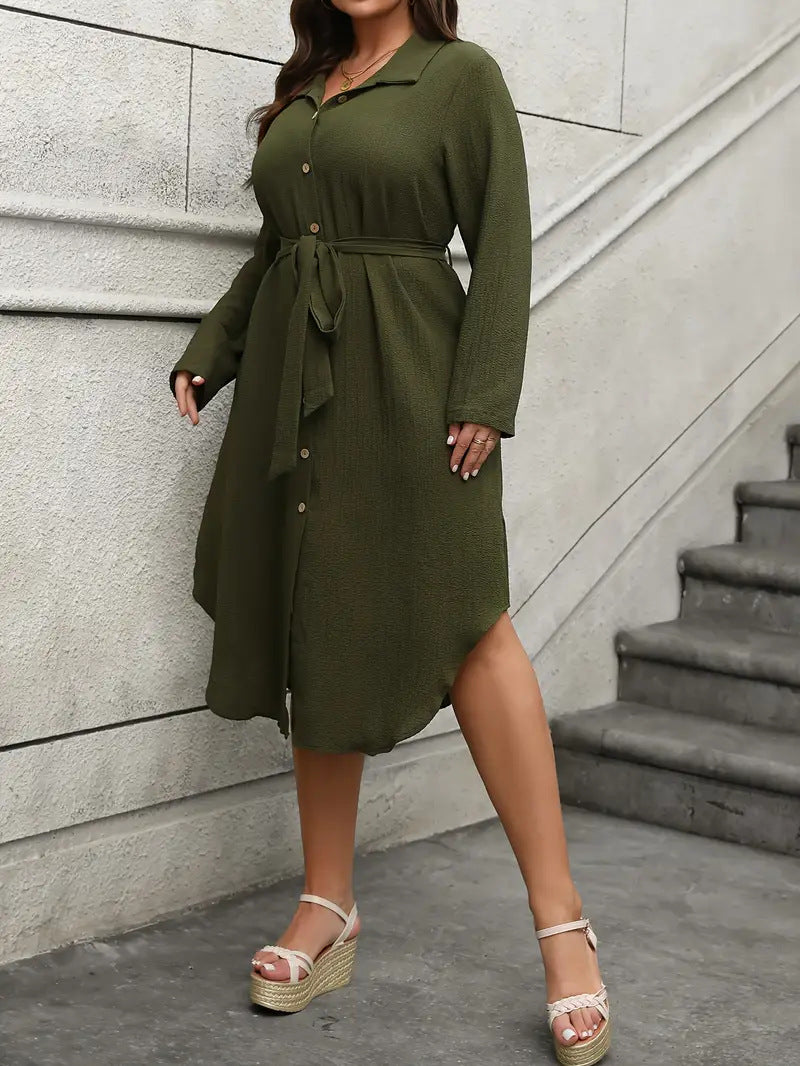 Plus Size Women Long Sleeve Long-Breasted Button Lace-Up Shirt Dress 4