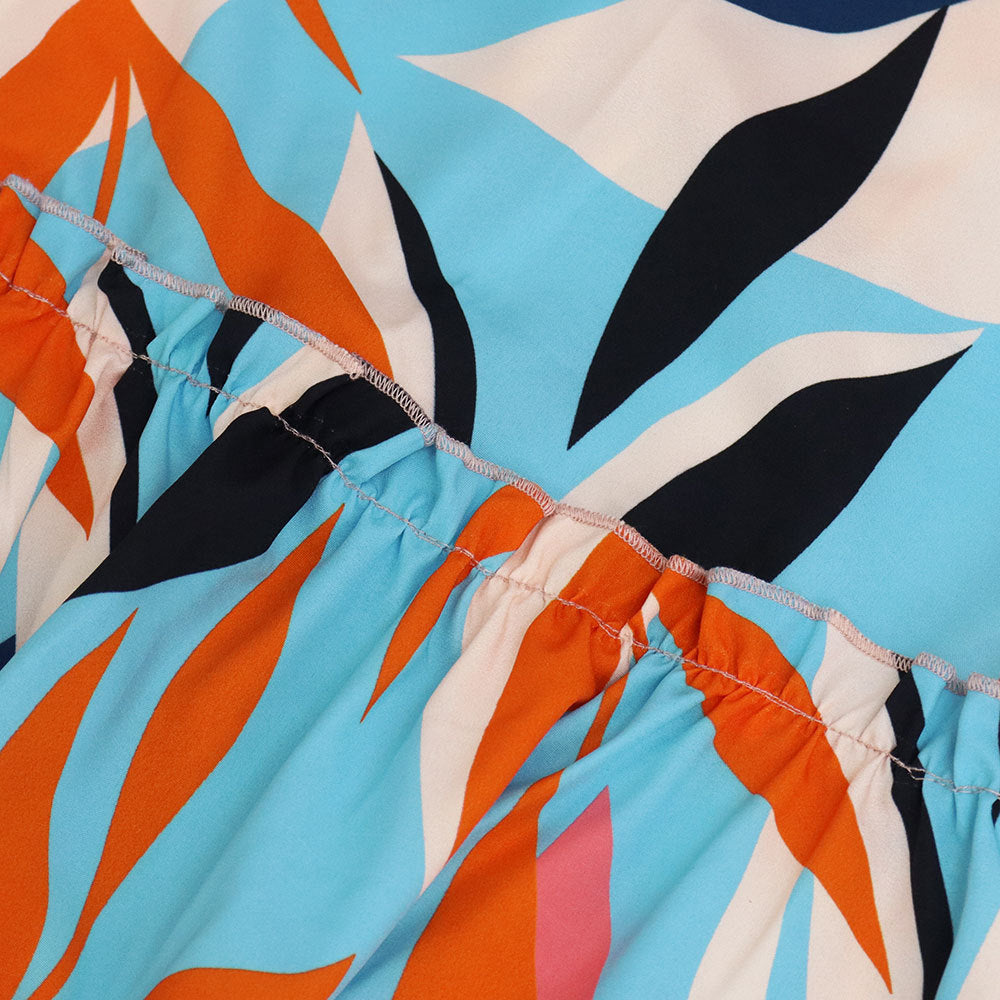 Women's Printed Puff Sleeve V-Neck Ruffle Long Dress 9