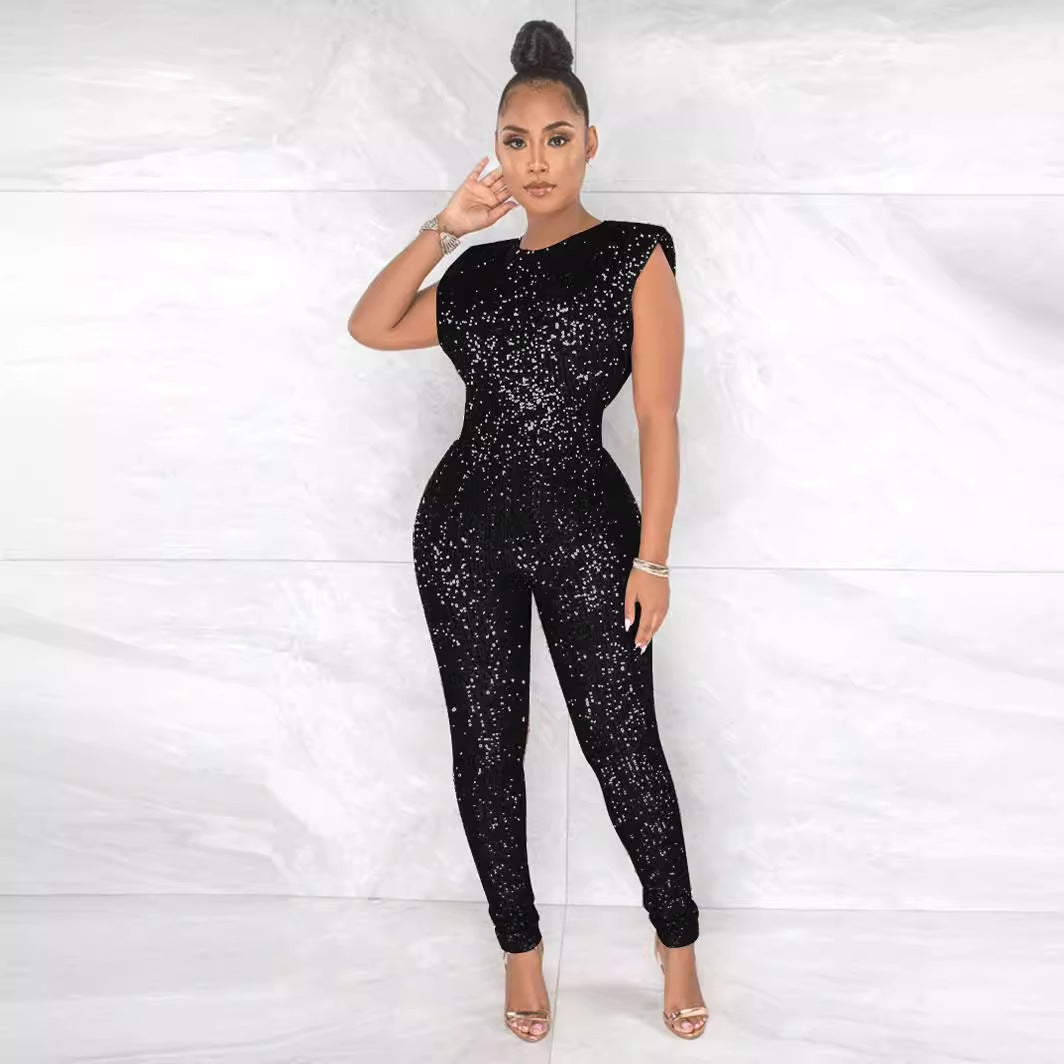 Sequins Round Neck Sleeveless Fashion Sexy Nightclub Jumpsuit