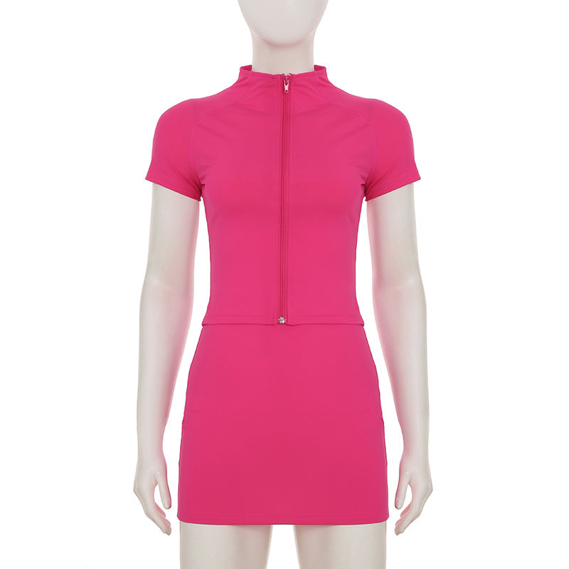 Women Basic Solid Fitted zipper short-sleeved T-shirt Bodycon skirt two-piece set 9