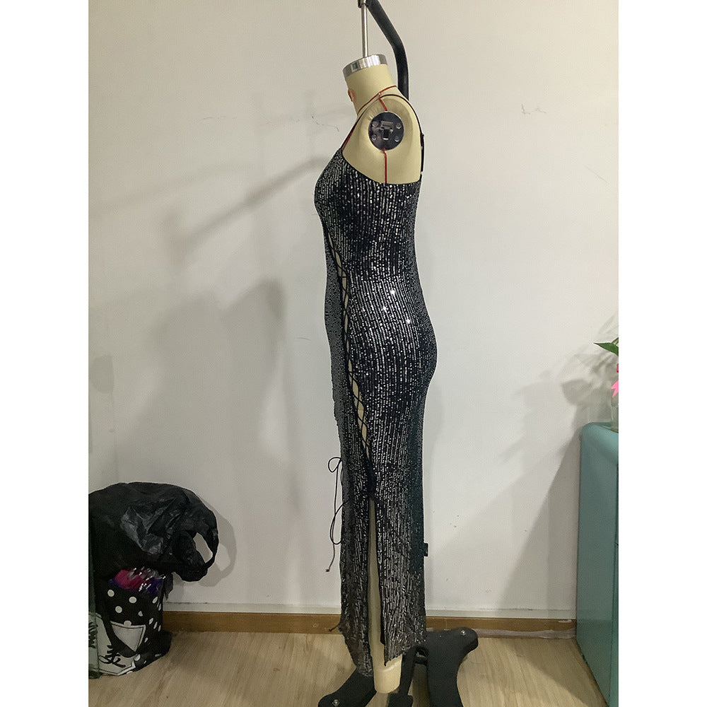 Spring And Autumn Fashion Sexy Dress Hollow Lace-Up Sequin Slim Fit Suspender Dress 10