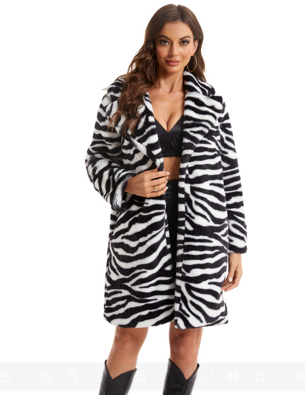 Women Autumn and Winter Zebra Print Faux furry Turndown Collar Warm Jacket 3