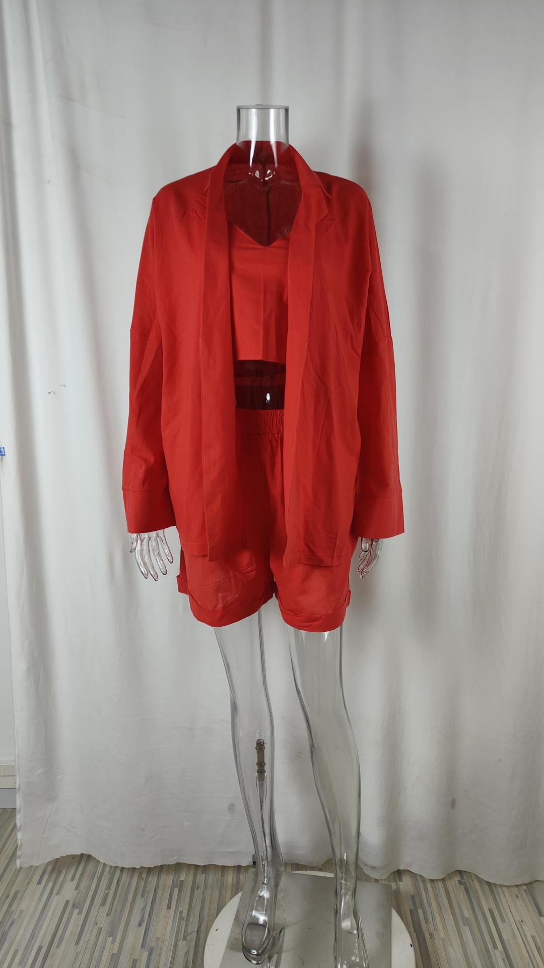 Spring Women's Chic Solid Color Vest Shorts Blazer Three Piece 21