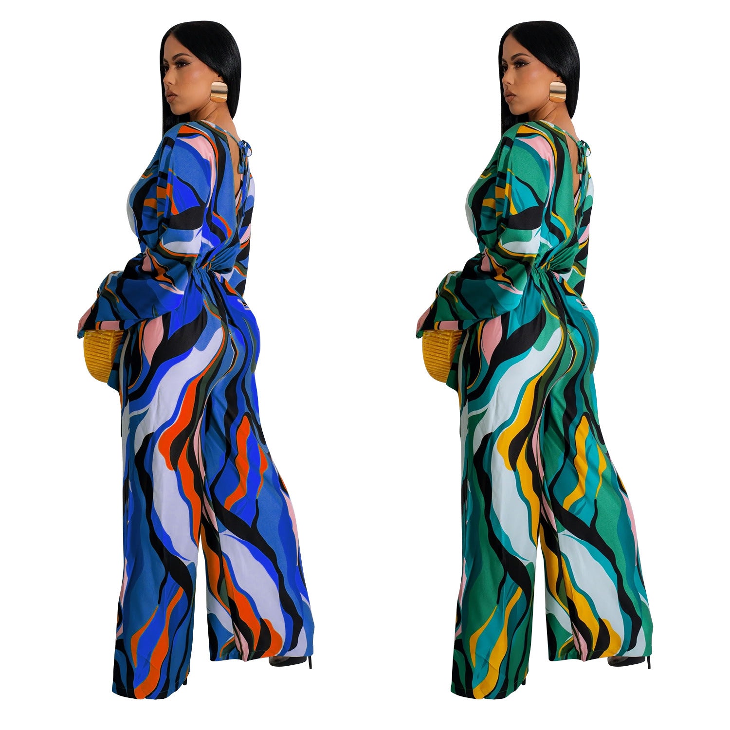 Women Casual Printed Lace-Up Long Sleeve Wide Leg Jumpsuit 7