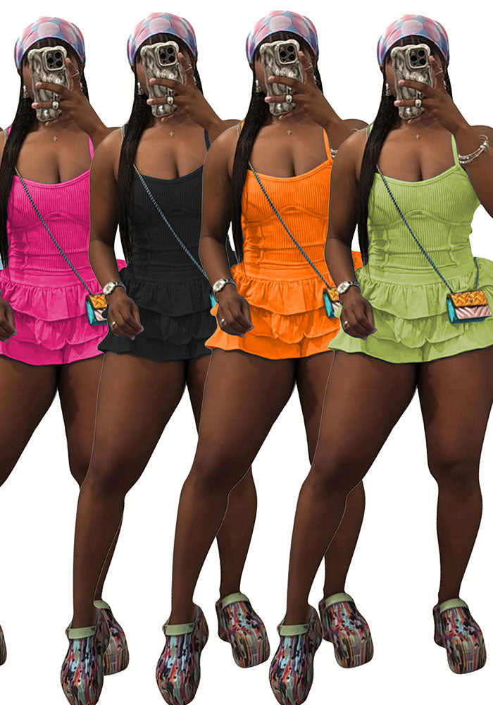 Women's Solid Strap Tank Top and Ruffled Shorts Set