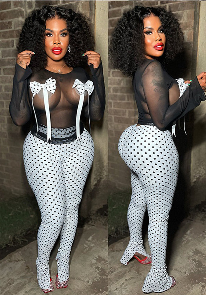 Sexy Spot Print Bow Nightclub Mesh Top Split Trousers Two-Piece Set