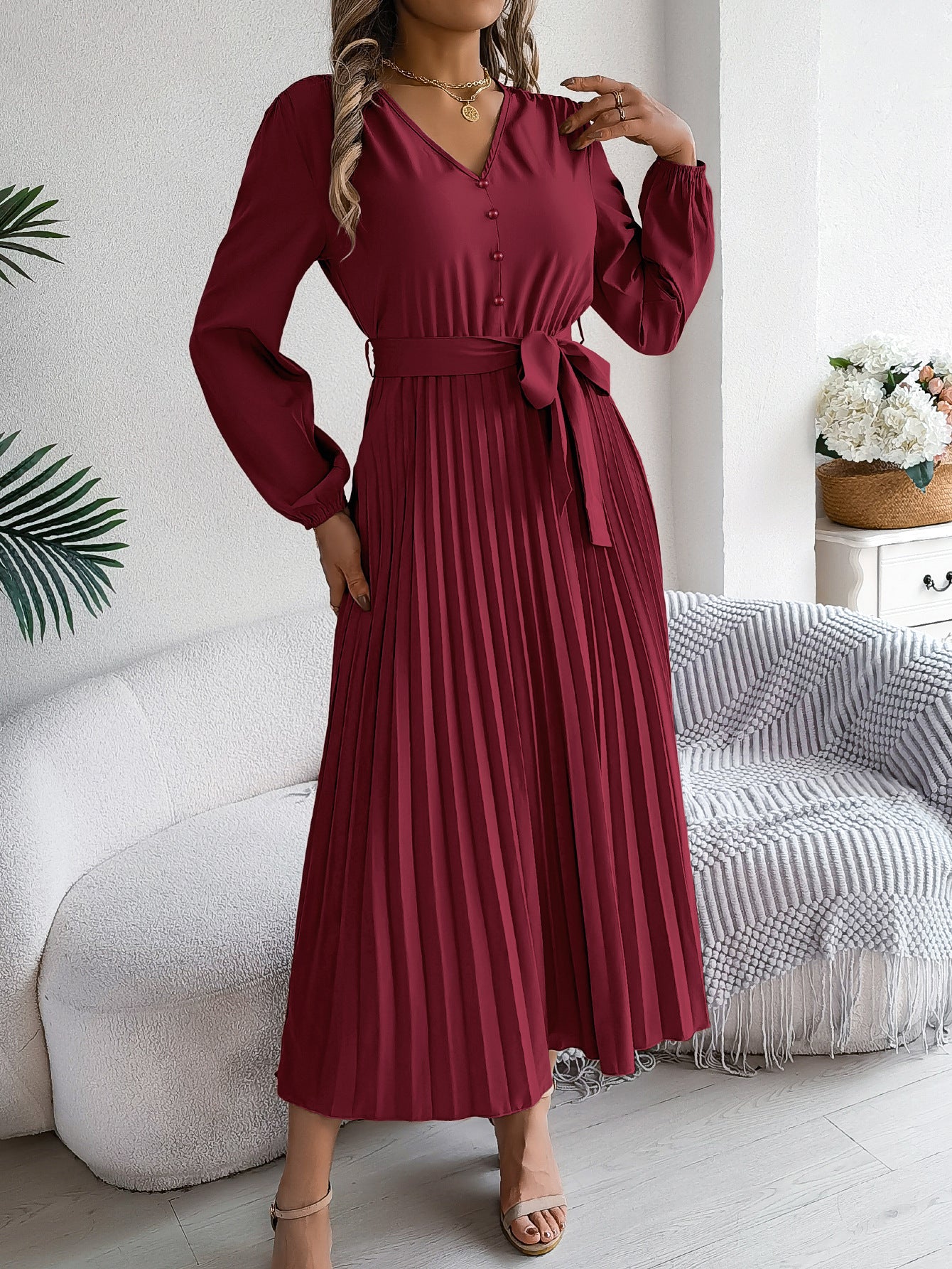 Women Elegant V-neck Button Lace-up Pleated Dress 10