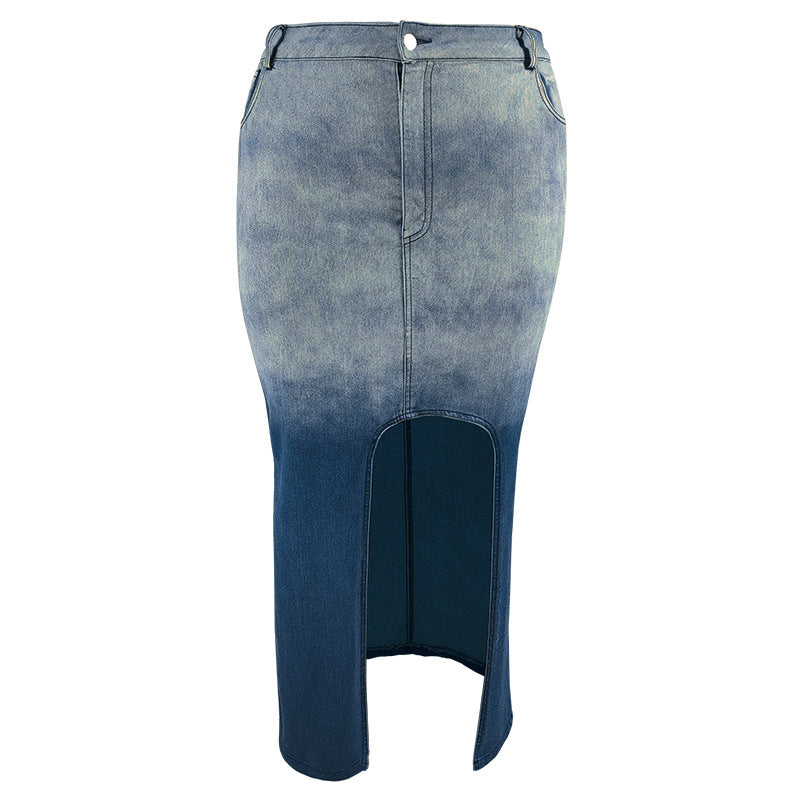 Plus Size Women Gradient Slit Denim Skirt 7