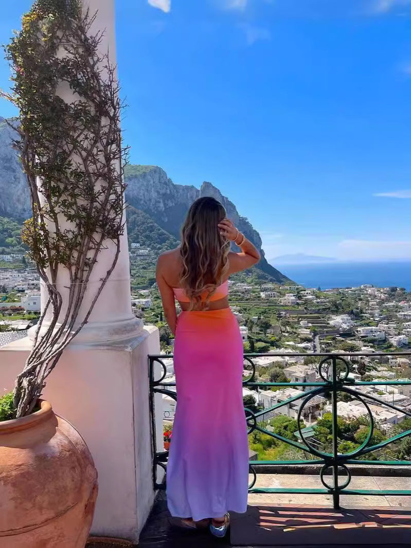 Women Summer Casual Sexy Ombre Print Strapless Long Dress 6