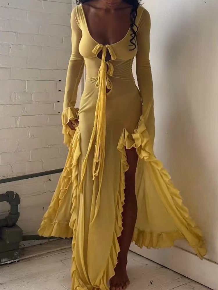 Women Sexy See-Through Long Sleeve Ruffle Slit Dress 4