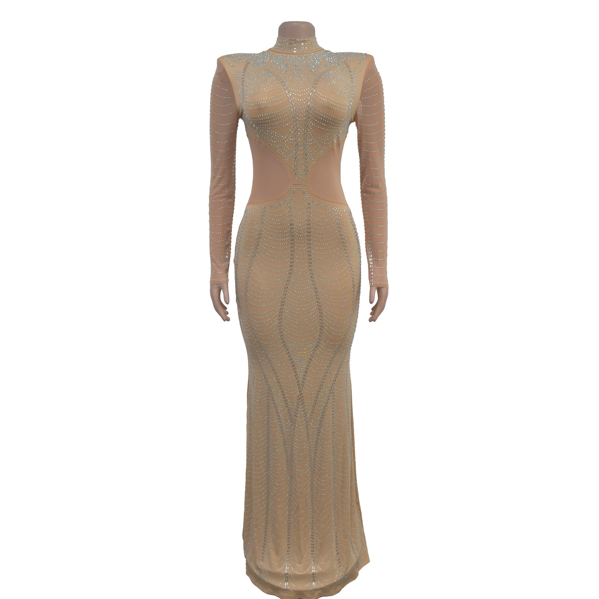 Fashion Women's Solid Color Mesh Beaded Long Dress 12