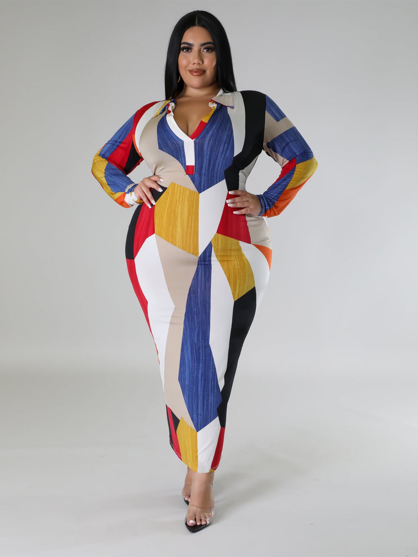 Plus Size Women Winter Turndown Collar Long Sleeve Dress