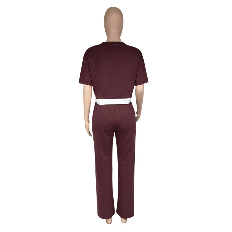 Women Summer Solid Round Neck Short Sleeve Top and Casual Wide Leg Pants Two-Piece Set 9