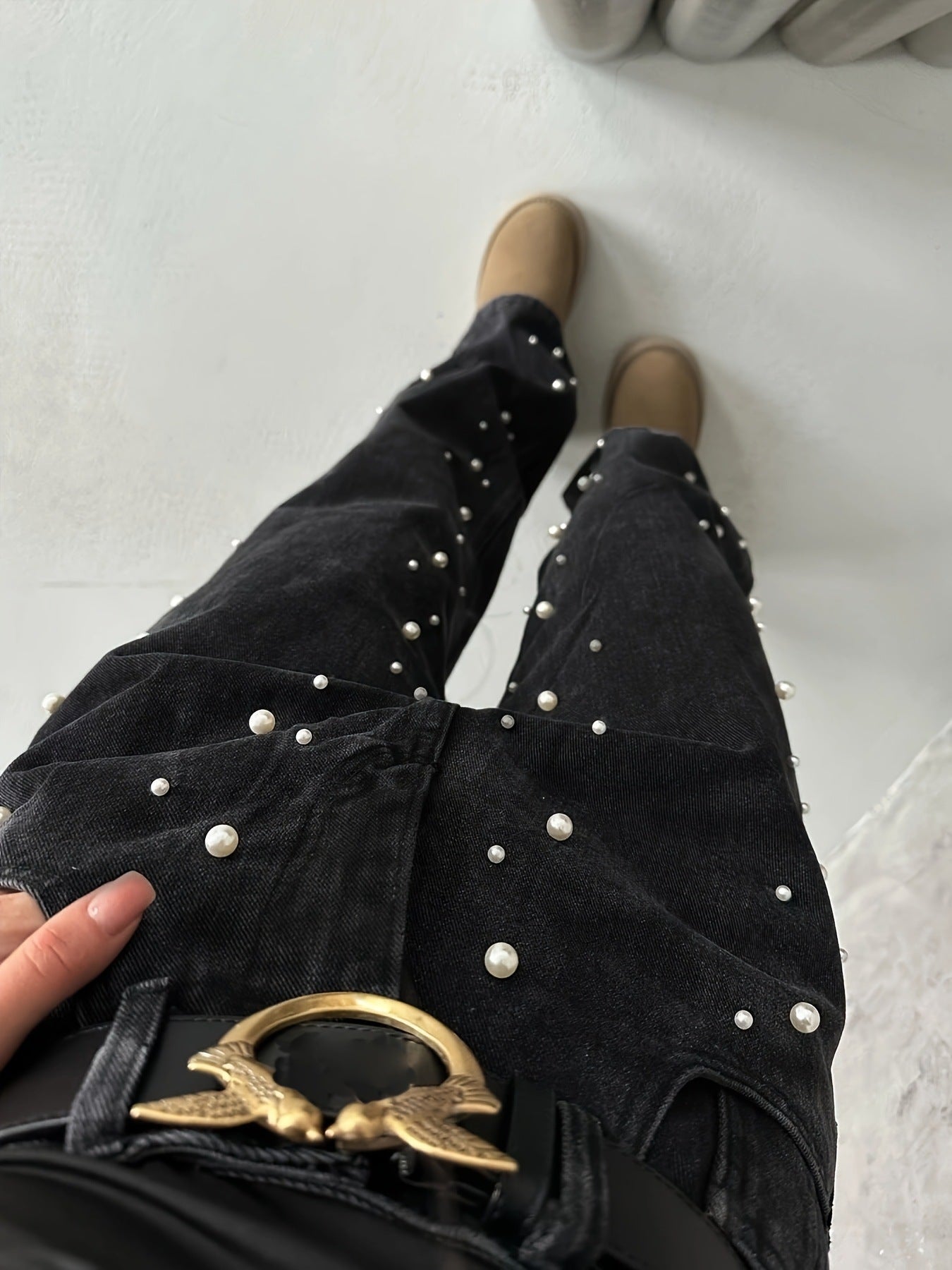 Women's Slight Stretch Beaded Casual Black Denim Straight Leg Pants 5