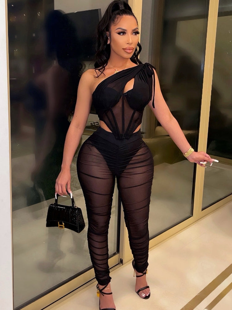 Spring Sexy Black Mesh See Through One Shoulder Sleeveless Corset Top and Ruched Pants Set Wholesale 2 Piece Sets 3