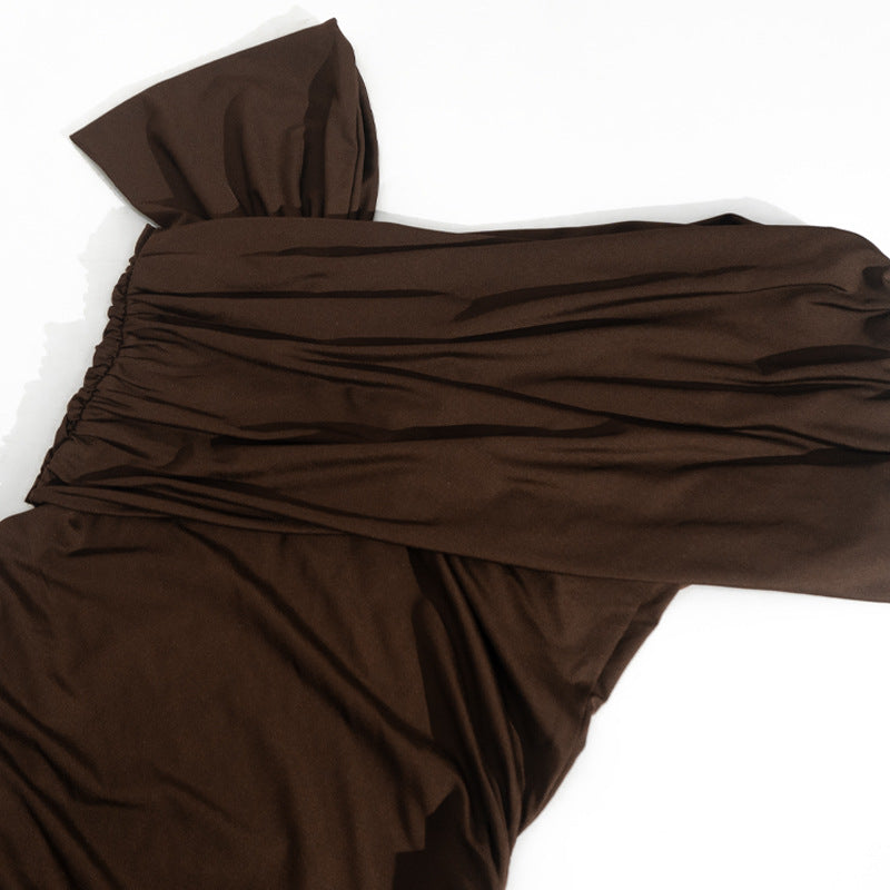 Women Slash Shoulder Off-The-Shoulder Pleated Solid Bodycon Dress 11